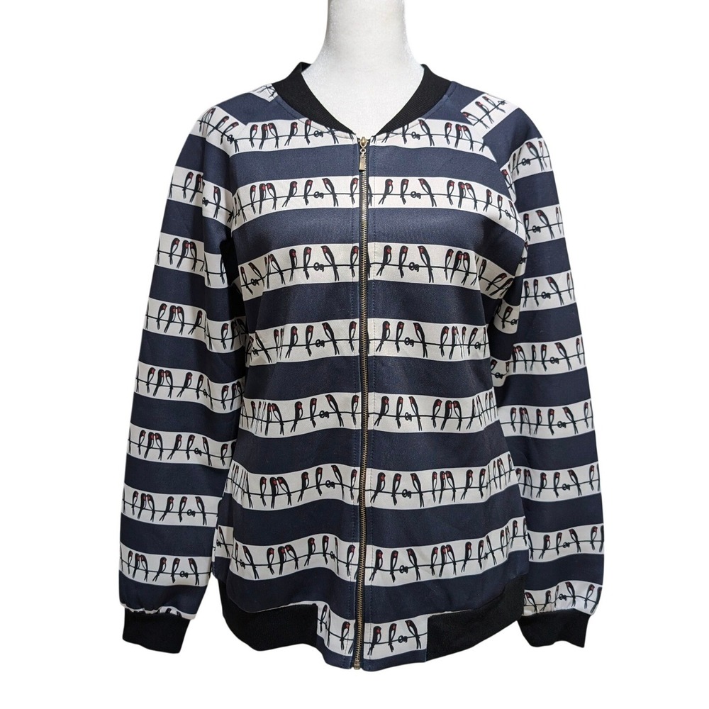 SM Wardrobe Navy Blue Striped Bird Print Bomber Jacket M/L Zip Up Lightweight